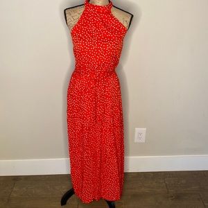 Red polka dot halter maxi dress